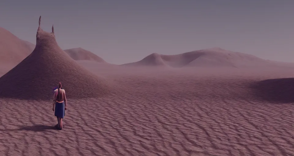 Prompt: a lone mage in a giant desert full of endless sand and dry air, hot sun burning mercylessly from above, lifeless feeling of dread, octane render, unreal engine, 8k high definition