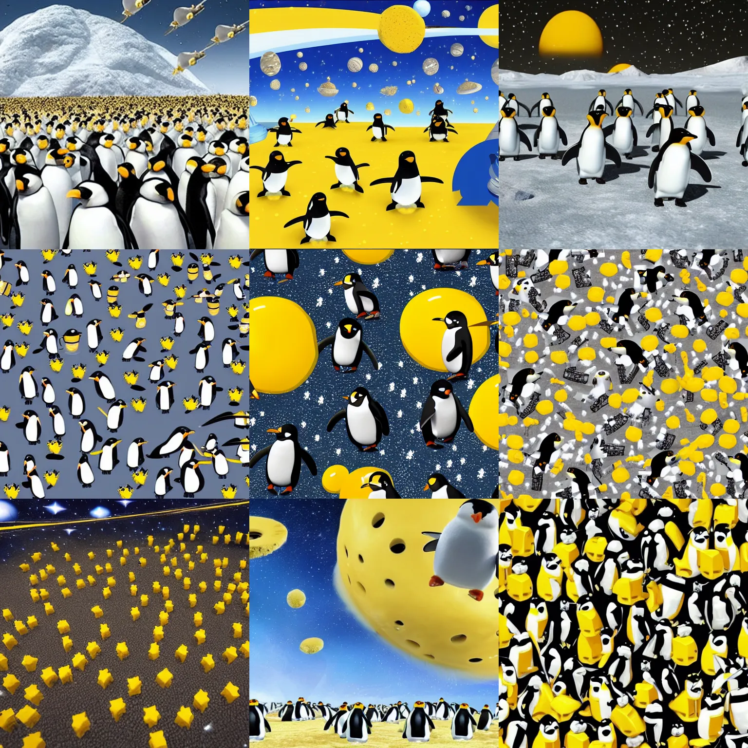 Prompt: planet made of yellow swiss cheese in space, army of robotic penguins, soldier penguins, invasion, hyper-realistic
