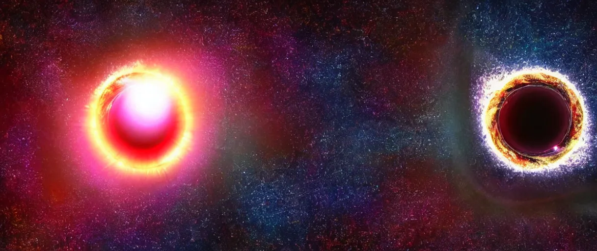 Prompt: realistic photo of one black hole in space, organic, drawn symbols, volumetric, particles, physical, translucence, cinematic lighting, iridescence