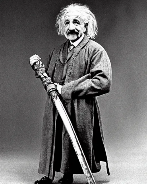 Image similar to albert einstein wearing daedric armor wielding a daedric battleaxe d & d detailed photo photorealistic