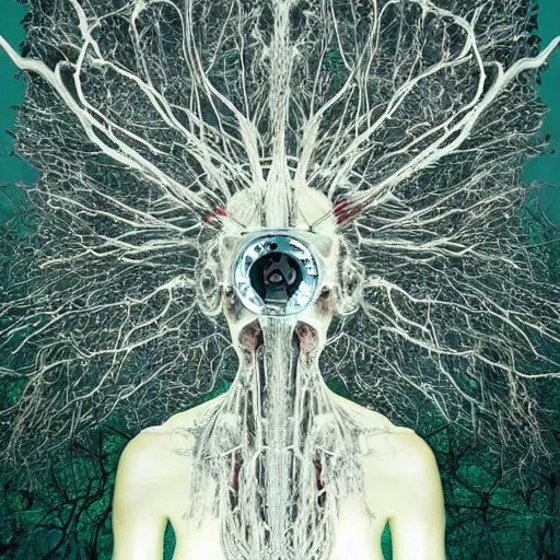 Prompt: a hyphae shaman with bone virtual reality headset brain to brain sensing interface mask made of fungal mycelial feathered mats and dull body embossed mechanoid exoskeleton biocouture in intergalactic time machine jungle