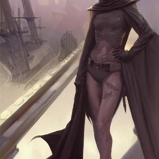 Image similar to rogue in black robes standing on a shipdeck, thin man, pale white skin, fantasy, D&D, portrait, piercing stare, highly detailed, digital painting, HD, artstation, concept art, matte, sharp focus, illustration, art by artgerm and greg rutkowski and alphonse mucha