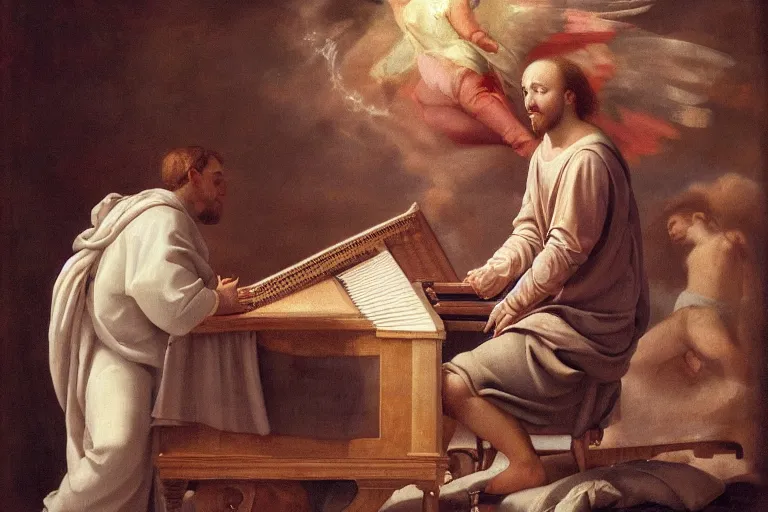 Image similar to A renaissance painting of Mac Miller as an angel playing the piano in Heaven, RIP, Heavenly, Divinity, Hope, Ethereal, Symmetry, Atmospheric Lighting, artstation trending, ladders, angelic, Rendered in Octane, trending on artstation, cgsociety, moody lighting rendered by octane engine, environment 8K artstation, cinematic lighting, intricate details, 4k detail post processing, hyperrealistic, ultra detailed cinematic