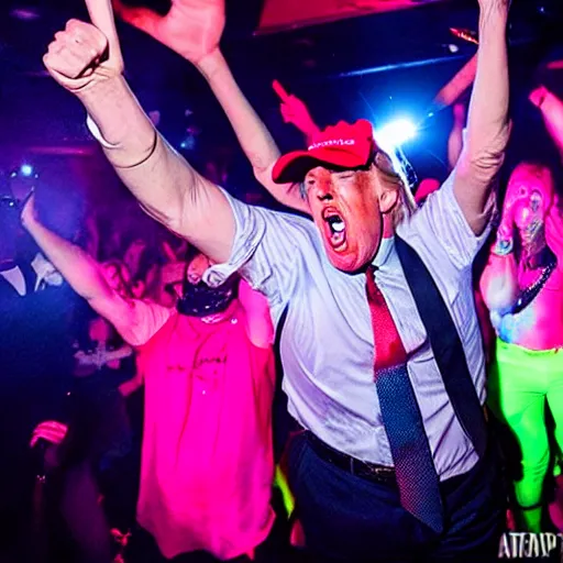 Image similar to trump freaking out on a rave, club photography