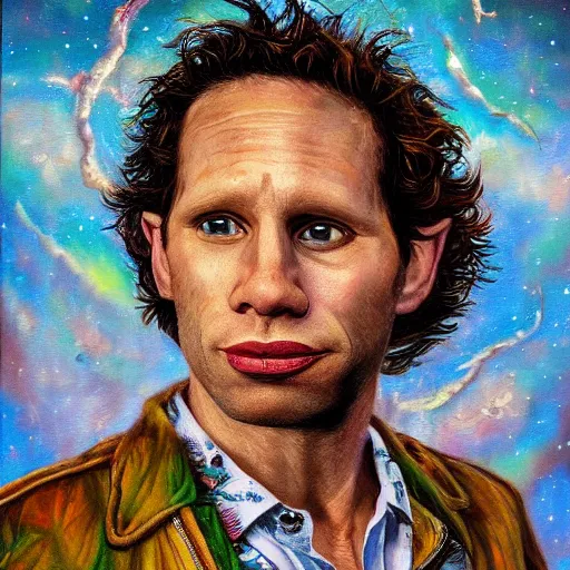 Image similar to portrait of glenn howerton as dennis reynolds in the style of esao andrews, oil painting, pop surrealism, cartoon-tainted abstract surrealism