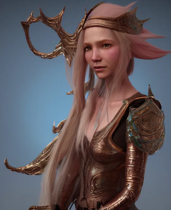 Prompt: a beautiful and highly detailed digital portrait of a dignified elf with long blue hair in rose gold armor by nina tryggvadottir, centered, artsation contest winner, cgsociety, fantasy art, cryengine, concept art, photorealism, daz 3 d, sketchfab, zbrush, vray