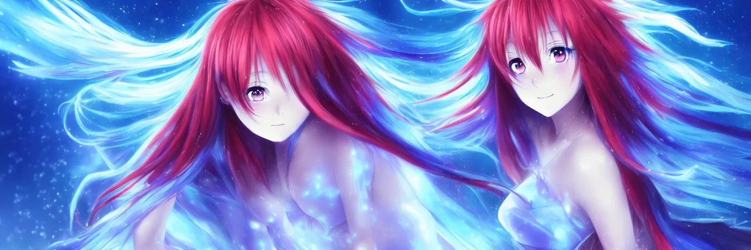 Image similar to advanced digital anime art, a very cute gorgeous teenage girl with a body made of fire and ice , full body, very long snow colored hair, sky blue highlights in hair, red fiery watery eyes, wearing a dress made of water, full round face, dramatic cinematic lighting, wideshot, highly intricately detailed, trending on pixiv, Artstation, painted by Rossdraws and the style of Sakimimichan