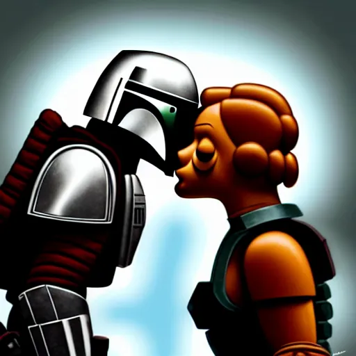 Image similar to mando from mandalorian kissing peter griffing from family guy ultra realistic, lens flare, atmosphere, glow, detailed, intricate, full of colour, cinematic lighting, trending on artstation, 4 k, hyperrealistic, focused, extreme details, unreal engine 5, cinematic, masterpiece, ultra realistic, hyper realistic, highly detailed, sharp focus, digital art