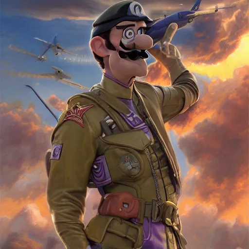 Image similar to waluigi as a combat pilot portrait, detailed, centered, digital painting, artstation, concept art, donato giancola, joseph christian leyendecker, wlop, boris vallejo, breathtaking, 8 k resolution, extremely detailed, beautiful, establishing shot, artistic, hyperrealistic, beautiful face, octane render, cinematic lighting, dramatic lighting, masterpiece