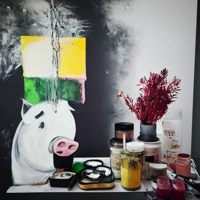 Image similar to “ a portrait in a female art student ’ s apartment, sensual, a pig sculpture work in progress, art supplies, paint tubes, ikebana, herbs, a candle dripping white wax, black walls, squashed berries, berry juice drips, acrylic and spray paint and oilstick on canvas, surrealism, neoexpressionism ”