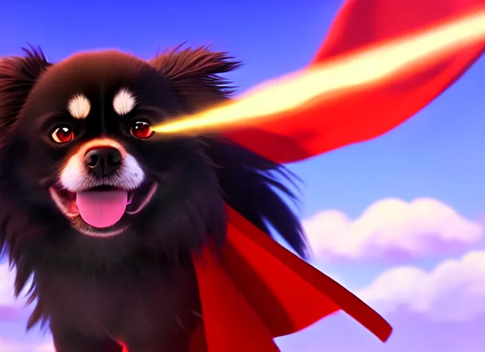 Prompt: a wholesome animation key shot of a black tibetan spaniel, wearing a red cape, flying, studio ghibli, pixar and disney animation, sharp, rendered in unreal engine 5, anime key art by greg rutkowski, bloom, dramatic lighting