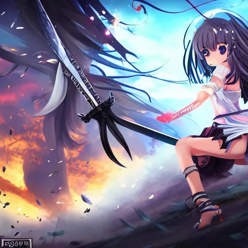 Image similar to anime girls, epic battle, swords, digital art, trending on art station, 8 k, epic scenery, explosions, perfect drawing