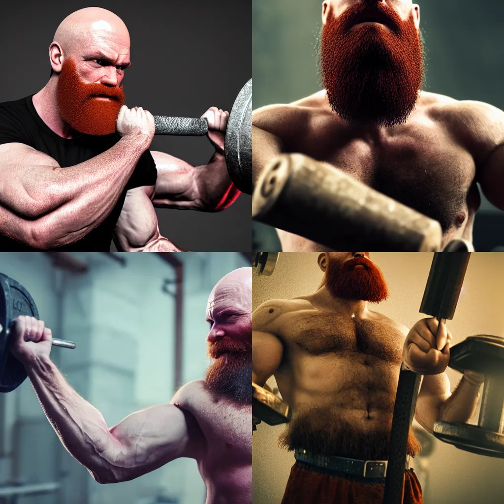 Prompt: Bald man with long red beard lifting weights, realistic 4k octane beautifully detailed render, 4k post-processing, highly detailed, intricate complexity, epic composition, magical atmosphere, cinematic lighting, masterpiece, ultra hd