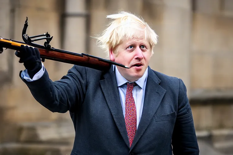 Image similar to closeup portrait of boris johnson dressed as a queen's guard firing a musket in a london street, natural light, sharp, detailed face, magazine, press, photo, steve mccurry, david lazar, canon, nikon, focus