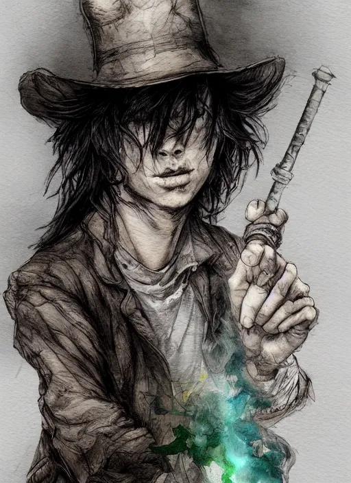 Prompt: portrait, the sadhatter, smoking a magical bong, watercolor, dramatic lighting, cinematic, establishing shot, extremely high detail, foto realistic, cinematic lighting, pen and ink, intricate line drawings, by Yoshitaka Amano, Ruan Jia, Kentaro Miura, Artgerm, post processed, concept art, artstation, matte painting, style by eddie mendoza, raphael lacoste, alex ross