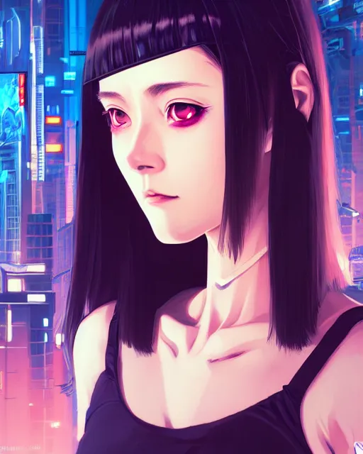 Image similar to a comic potrait of a cyberpunk cyborg girl with big and cute eyes, fine - face, realistic shaded perfect face, fine details. night setting. very anime style. realistic shaded lighting poster by ilya kuvshinov katsuhiro, magali villeneuve, artgerm, jeremy lipkin and michael garmash, rob rey and kentaro miura style, trending on art station