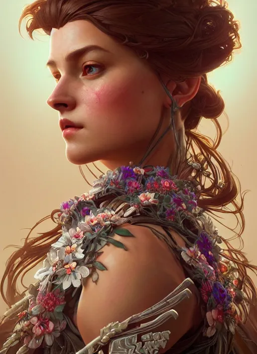 Image similar to symmetry!! portrait of floral! horizon zero dawn machine, intricate, elegant, highly detailed, digital painting, artstation, concept art, smooth, sharp focus, illustration, art by artgerm and greg rutkowski and alphonse mucha, 8 k