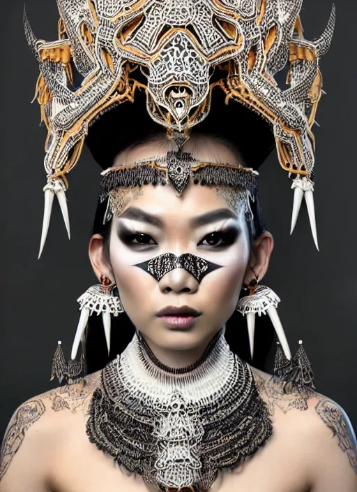 Prompt: a fierce looking beautiful young thai woman with symmetrical white makeup, wearing an intricate headdress made from bones and leather, wearing large earrings made from white bones, hyperdetailed illustration, intricate linework, in the style of a national geographic portrait, unreal engine 5 highly rendered, global illumination, radiant light, detailed and intricate environment
