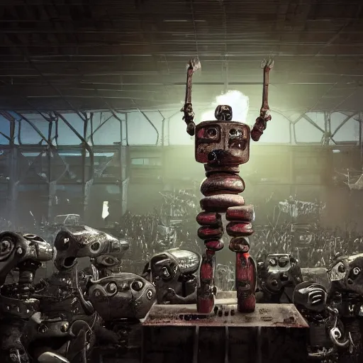 Image similar to a realistic crazy robot wearing a welding helmet, welding helmet head, one fist raised high in triumph, raised fist, standing in front of many large robots inside a huge rusty dingy warehouse, army of big robots, raygun gothic, atomic punk, digital art, detailed render, high angle