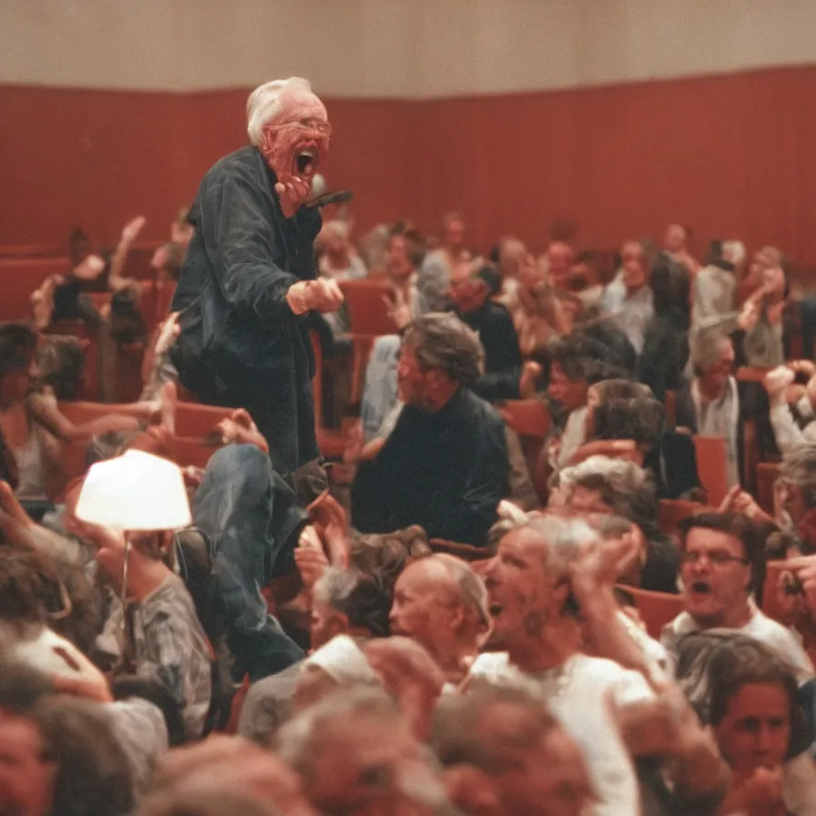 Prompt: 9 0 s movie still of an old man yelling in an empty soviet ballroom full of blood, cinestill 8 0 0 t 3 5 mm, heavy grain, high quality, high detail