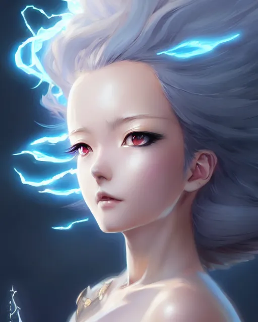 Image similar to character concept art of an anime thunderstormy cloud goddess of lightning | | cute - fine - face, pretty face, realistic shaded perfect face, fine details by stanley artgerm lau, wlop, rossdraws, james jean, andrei riabovitchev, marc simonetti, and sakimichan, seoul, south korea, trending on artstation