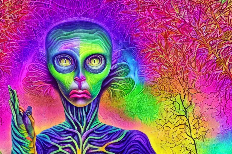 Prompt: a digital painting close shot of an alien pondering into your soul, green trees in the background, alex grey, lisa frank, colorful, vibrant,