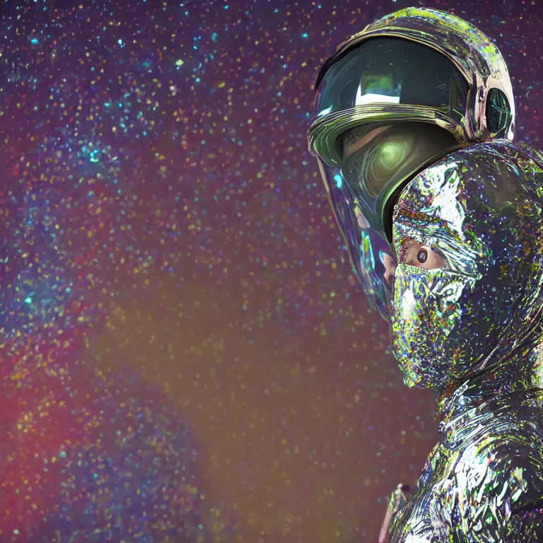 Image similar to octane render portrait by wayne barlow and carlo crivelli and glenn fabry, subject is a woman covered in tie - dye aluminum foil space suit with a colorful metallic space helmet, surrounded by alien plants, cinema 4 d, ray traced lighting, very short depth of field, bokeh