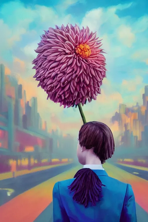 Prompt: closeup giant dahlia flower head, girl in a suit, in a city, surreal photography, blue sky, sunrise, dramatic light, impressionist painting, digital painting, artstation, simon stalenhag