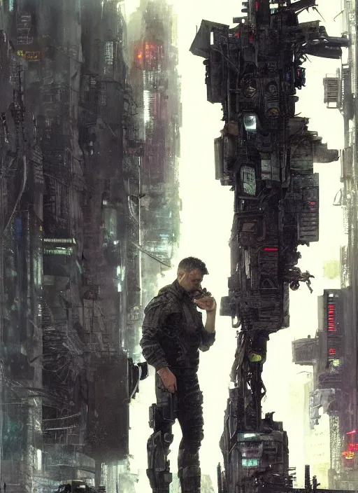 Image similar to cyberpunk military character jitters ( blade runner 2 0 4 9, dystopian, cyberpunk 2 0 7 7 character design ), modern warfare, attractive face. portrait by james gurney and laurie greasley and yoji shinkawa, oil on canvas. cinematic composition, hyper realism, realistic proportions, anatomy, dramatic lighting, photorealistic, high detail, 4 k