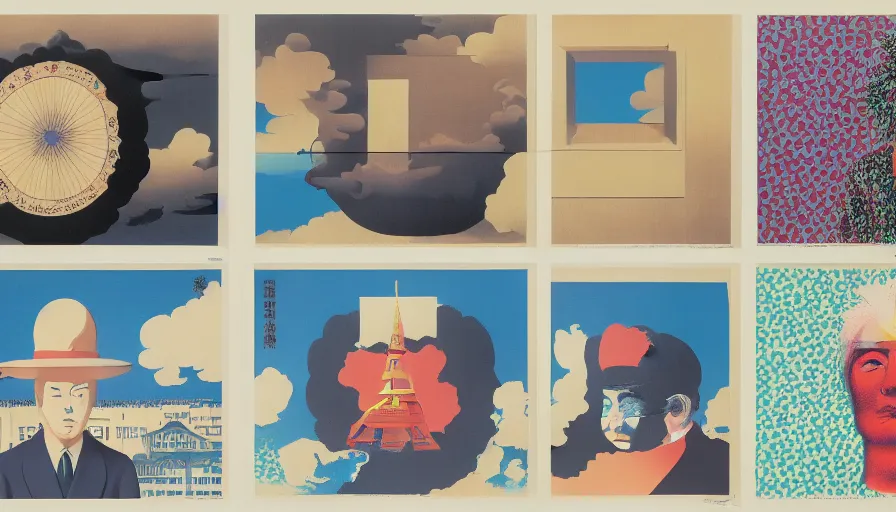 Image similar to Japan travel discoveries and sights explorations, a poster design for a contemporary graphic design exhibition, by Rene Magritte, Andy Warhol, Alex Yanes, Tadanori Yokoo, Yoshio Awazu