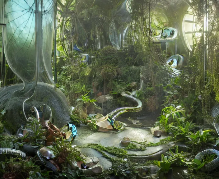 Image similar to simplicity, transparent clear see - through image of mollusks, lush botany, orchids, ferns, biomechanical environment, ultra realistic, concept art, photorealistic, octane render, 8 k, unreal engine. art by gustave dore and nori inoguchi and sam kaplan and zachary goulko and christopher marley and artgerm and alphonse mucha