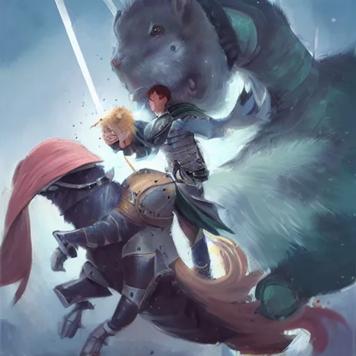 Image similar to a knight fighting a giant hamster, painting by ross tran