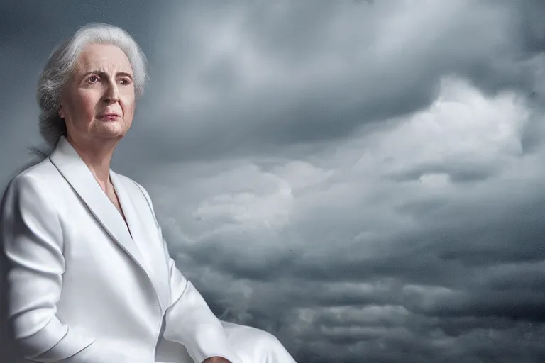 Image similar to a realistic studio cinematic headshot portrait of an old beautiful woman on top of skyscaper, wearing futuristic white suit, ceo, 4 k, ultra realistic, dramatic lighting, rain, clouds, fog, vogue, fashion, magazine spread, by annie leibovitz