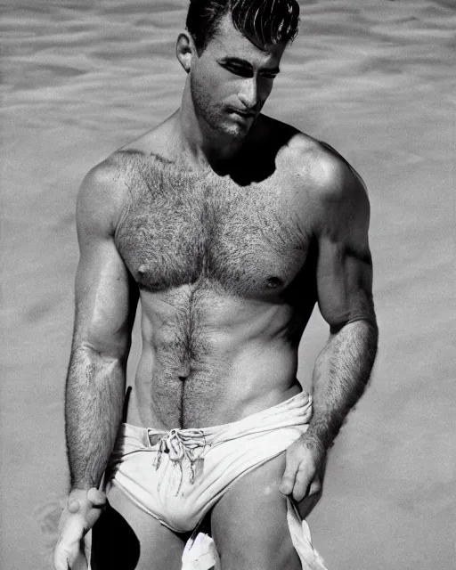 Prompt: handsome man on the beach seen from above, herculean, bulging muscular figure, beautiful gigachad, soft lighting, highly detailed face, sharp focus, photo by herb ritts