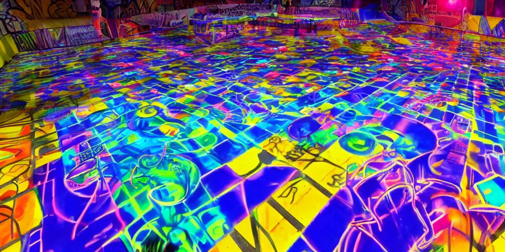 Image similar to backflip into a pool caustics lighting impressive colorful masterpiece graffiti hyper perspective