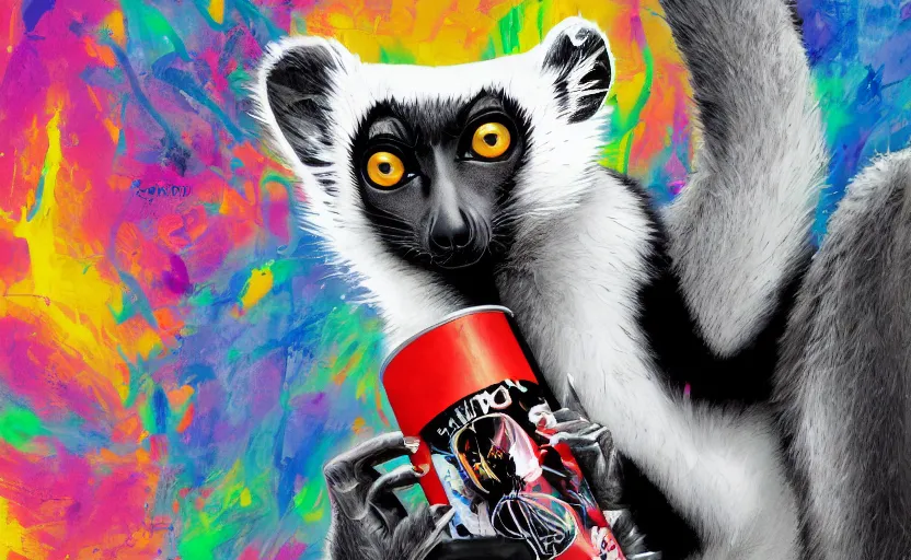 Image similar to a portrait of a lemur holding a can of spray paint and spraying design on a wall, digital painting masterpiece, painted by joji morikawa, by osamu tezuka, by yukito kishiro, by ikuto yamashita, 4 k wallpaper, beautiful, gorgeous