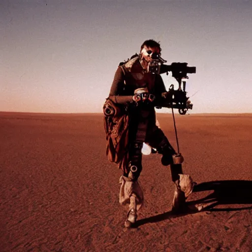 Prompt: a man wearing oxygen mask, heavily equipped, air tubes, straps, Mad Max inspired, in the desert, film still, arriflex 35