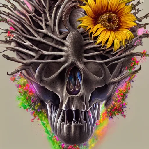 Image similar to a beautiful matte painting by Larisa Novik of an anatomically correct heart bursting out of an anatomically correct skeletal rib-cage and exploding into rainbows and sunflowers, trending on artstation hq