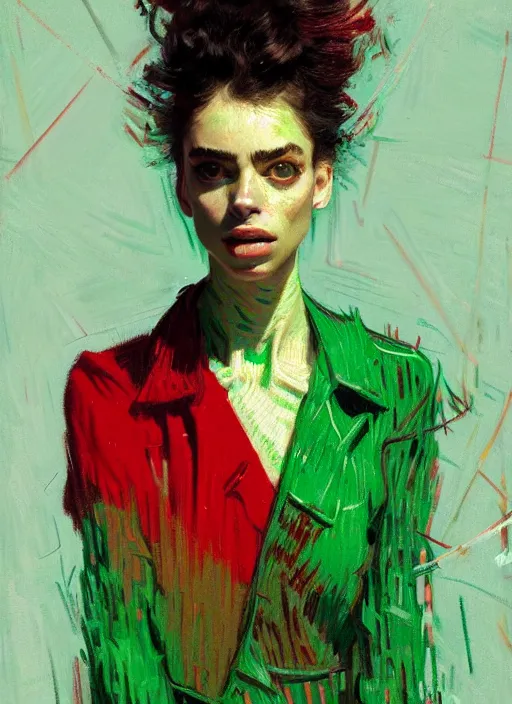 Image similar to close up portrait of yael shelbia, sensual, ecstatic, shades green and red, beautiful face, rule of thirds, intricate outfit, spotlight, by greg rutkowski, by jeremy mann, by francoise nielly, by van gogh, digital painting