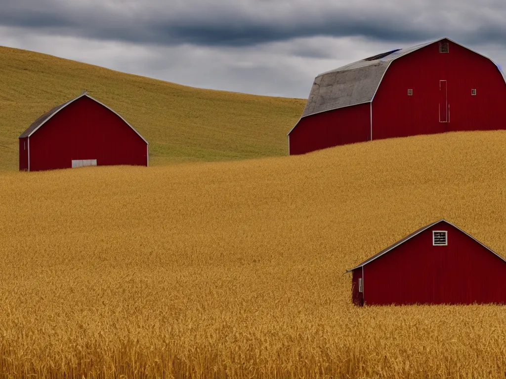 Image similar to A single isolated old red barn next to a wheat crop at the bottom of a cliff at noon. Award winning photography, wide shot, surreal, dreamlike.