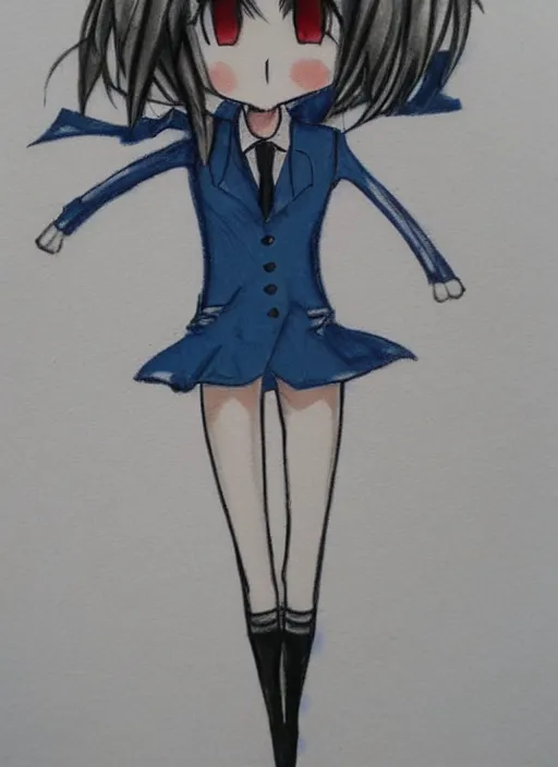 Image similar to drawn anime woman in business clothing, crayon art, very silly, very anime