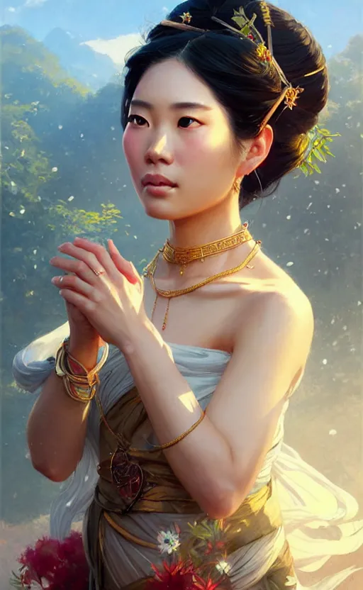 Image similar to a beautiful taiwan goddess with sundress with jewelry | | winter, realistic shaded, unpleasant face, good looking, fine details, realistic shaded lighting poster by greg rutkowski, magali villeneuve, artgerm, jeremy lipkin and michael garmash and macoto takahashi