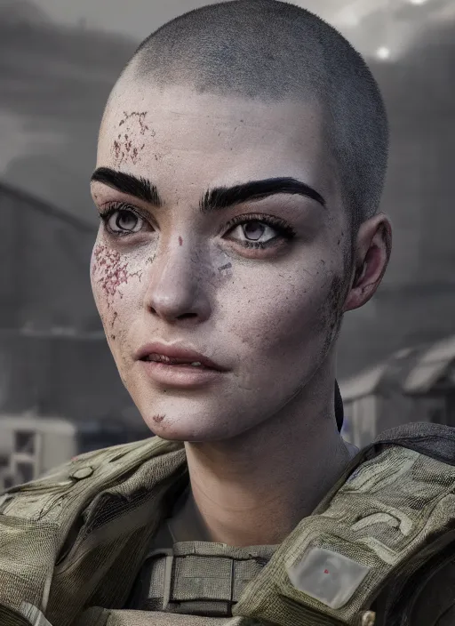 Prompt: A comic book style portrait painting of a female soldier with shaved head in a post apocalyptic setting, unreal 5, DAZ, hyperrealistic, octane render, RPG portrait, dynamic lighting