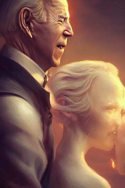 Image similar to beautiful portrait of Joe Biden sniffing young maiden's hair, Cinematic lighting, ultra realistic 3D, beautifully lit, ray traced, octane render by Peter Mohrbacher and Peter Gric