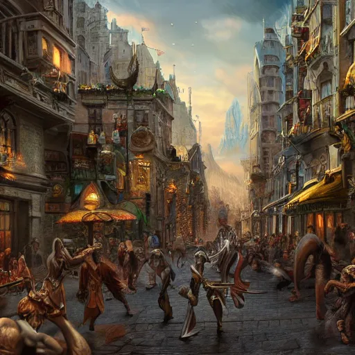 Image similar to a busy fantasy street scene from within a beautiful and ornate city, hyper realistic digital art, beautiful painting, detailed, cinematic, great composition, rococo, dungeons and dragons, lord of the rings, artstation