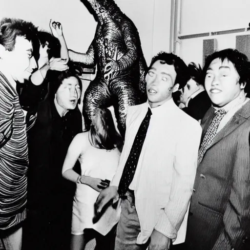 Image similar to godzilla partying at studio 5 4 b & w grainy photograph lots of celebrities including andy warhol