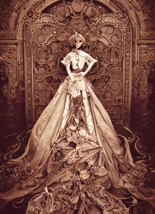 Prompt: a portrait of asian female by stefan geselle and nekro borja, photorealistic, intricate details, hyper realistic, fantasy, elegant, baroque victorian steampunk, photorealistic, canon r 3, photography, symmetrical features, symmetrical pose, wide angle shot, standing pose, feet on the ground, wearable art