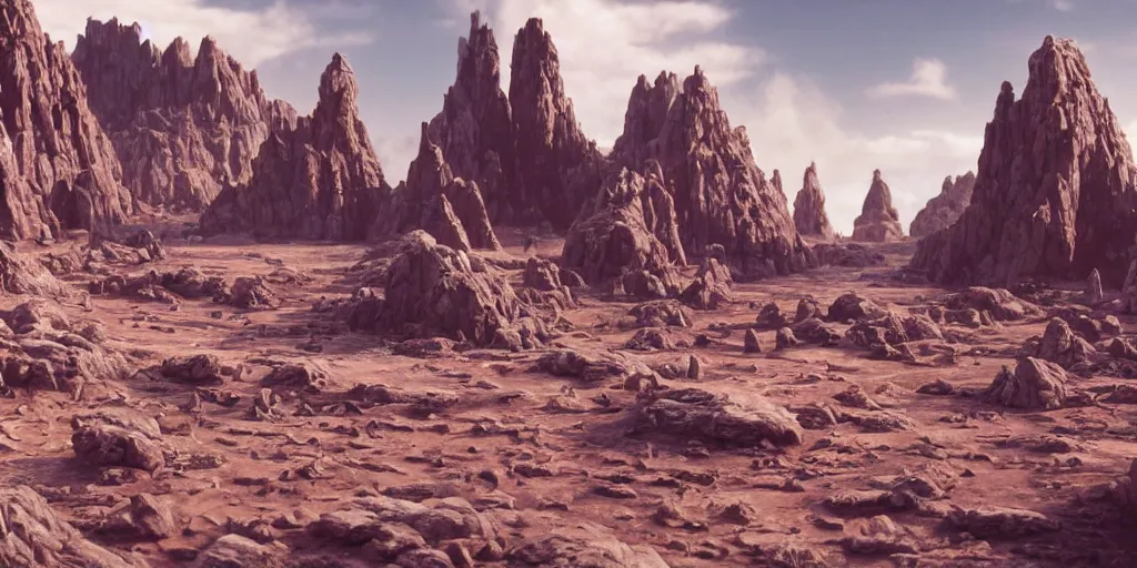 Prompt: flat surface, sci-fi rocky terrain environment in the style of a miniature movie sets and 1980s matte paintings by Lucasfilm ultra realistic, 4K, movie still, UHD, sharp, detailed, cinematic, render, star wars, star trek, 1970s