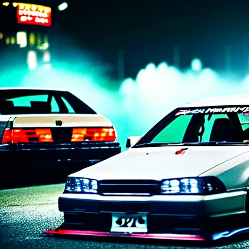 Image similar to a car JZX100 turbo drift at illegal car meet, Gunma prefecture, midnight mist lights, cinematic color, photorealistic, highly detailed wheels, highly detailed