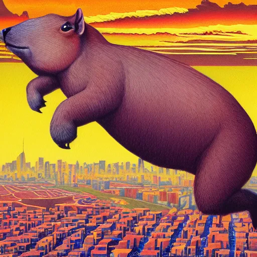 Image similar to a detailed painting of a capybara in a cape flying above new york by casey weldon, new contemporary art, comic book illustration